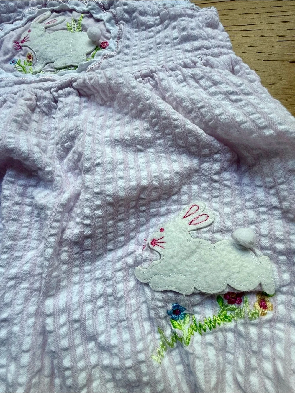 Vintage Cotton Kids 9M Pink Seersucker Bunny Romper Easter Applique Bubble 90s